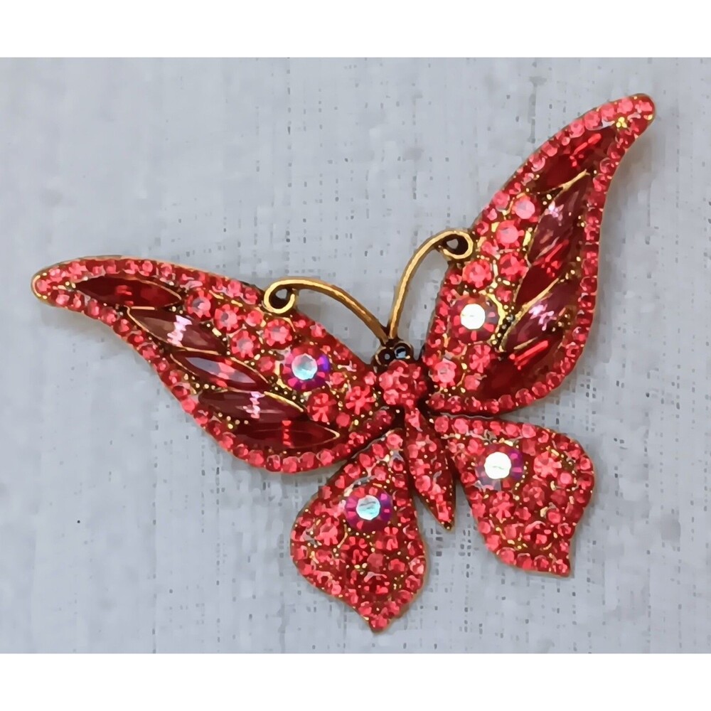Red & Aurora Borealis Crystal Goldtone Butterfly Brooch 3 in